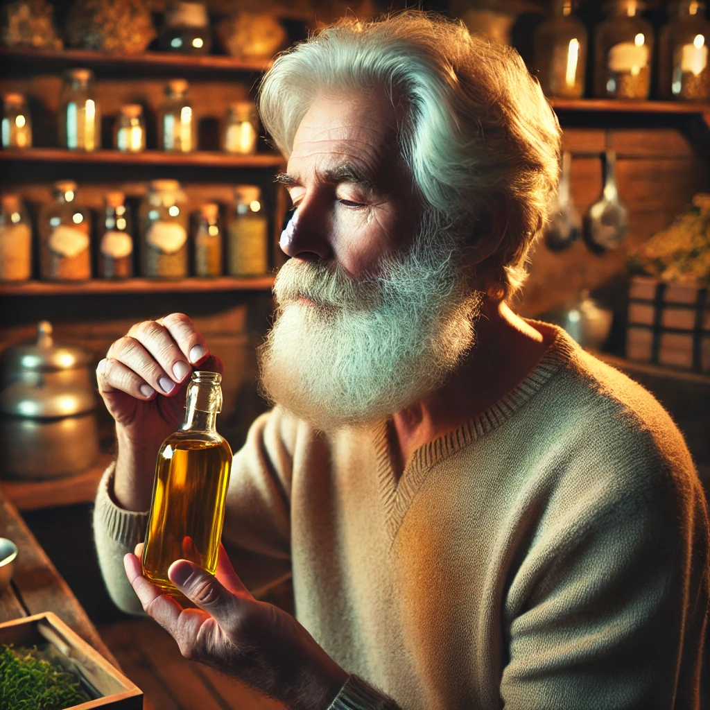 DALL·E 2025-02-10 21.58.08 – An elderly man with a long white beard and wrinkled skin is drinking olive oil from a small glass bottle. He is sitting in a cozy, rustic kitchen with