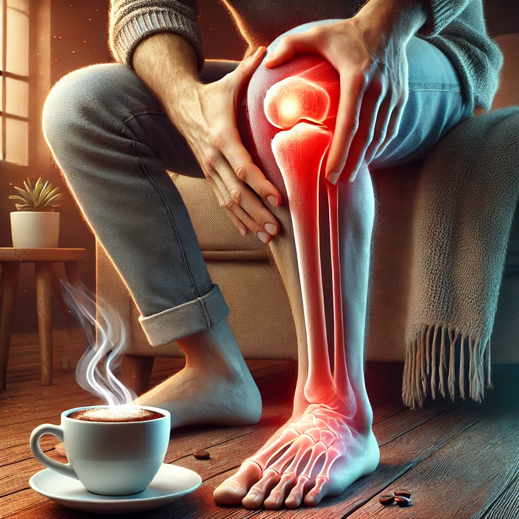 DALL·E 2025-02-10 22.09.53 – A realistic illustration depicting the effects of drinking coffee on joint pain and swelling in the feet and knees. The image shows a person holding t