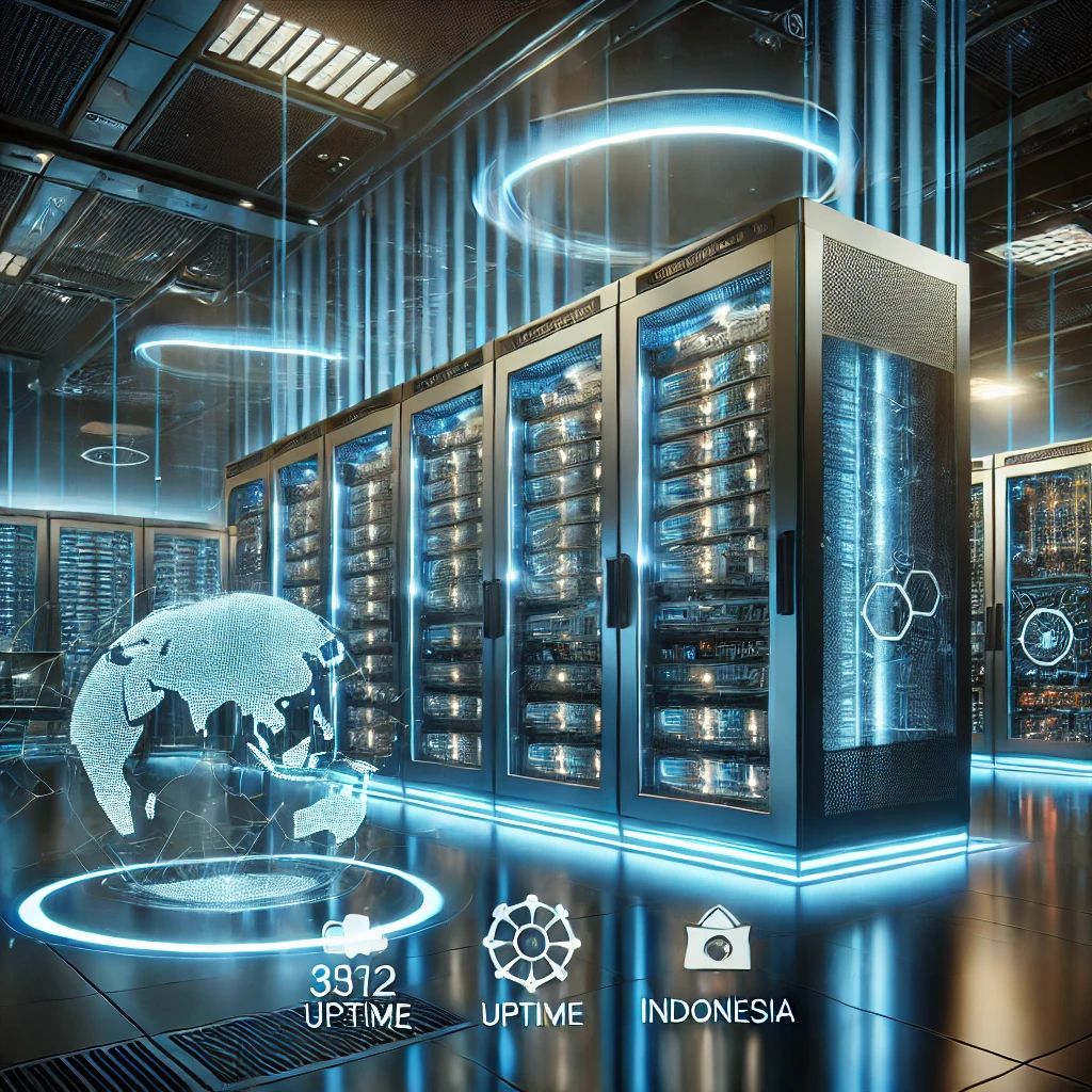 DALL·E 2025-02-10 22.33.01 – A futuristic data center representing the best web hosting in Indonesia. The scene features modern server racks with blue LED lights, a high-tech secu