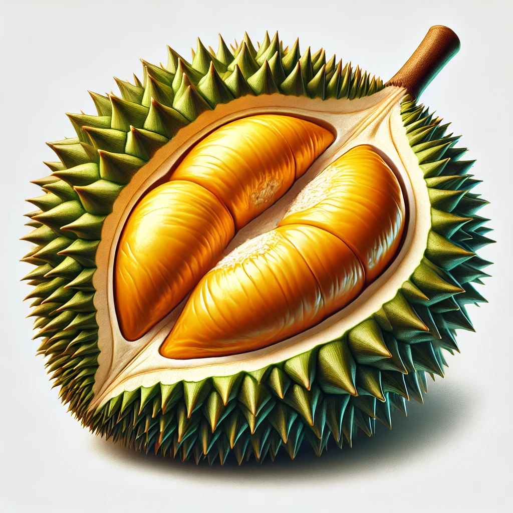 DALL·E 2025-02-14 21.44.53 – A realistic illustration of a premium durian fruit, split open to reveal its rich, golden-yellow creamy flesh inside. The outer shell is covered in sh