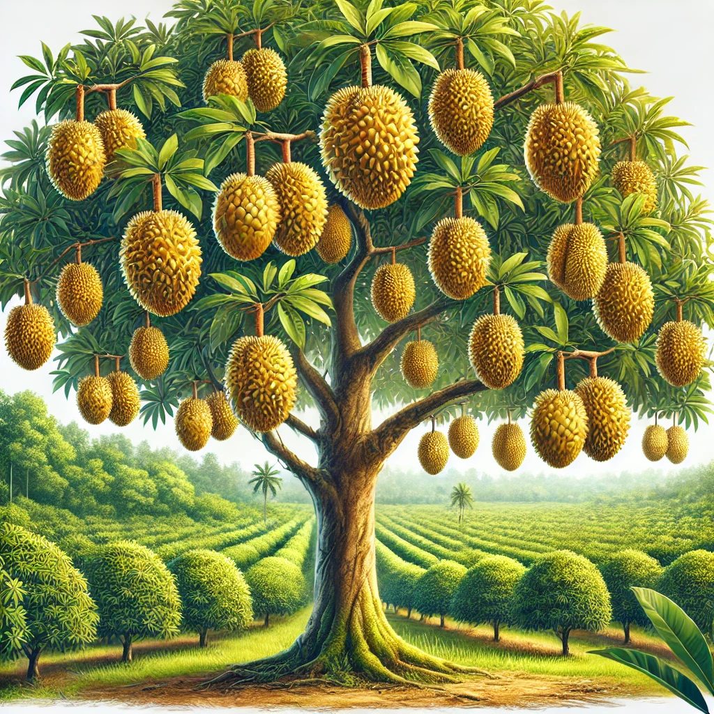 DALL·E 2025-02-14 21.56.29 – A realistic illustration of a durian tree full of ripe, golden-yellow durian fruits hanging from its branches. The tree has lush green leaves, a stron