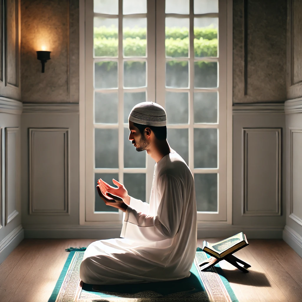 DALL·E 2025-02-26 10.54.52 – A Muslim man wearing a white thobe and kufi hat, sitting on a prayer mat in a peaceful room, raising his hands in supplication. The room has soft ligh