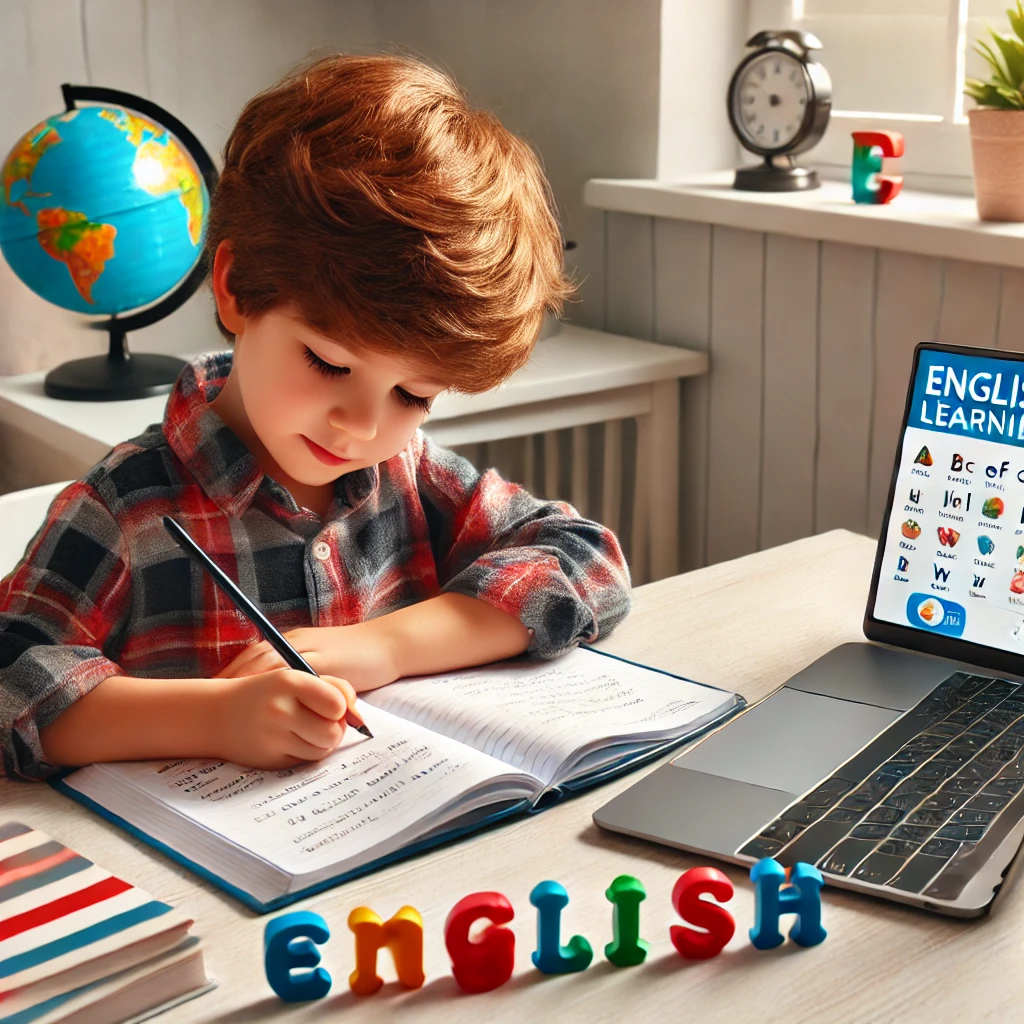 DALL·E 2025-02-26 11.03.05 – A young child sitting at a desk, learning English. The child is writing in a notebook, with an open English textbook in front of them. There is a lapt