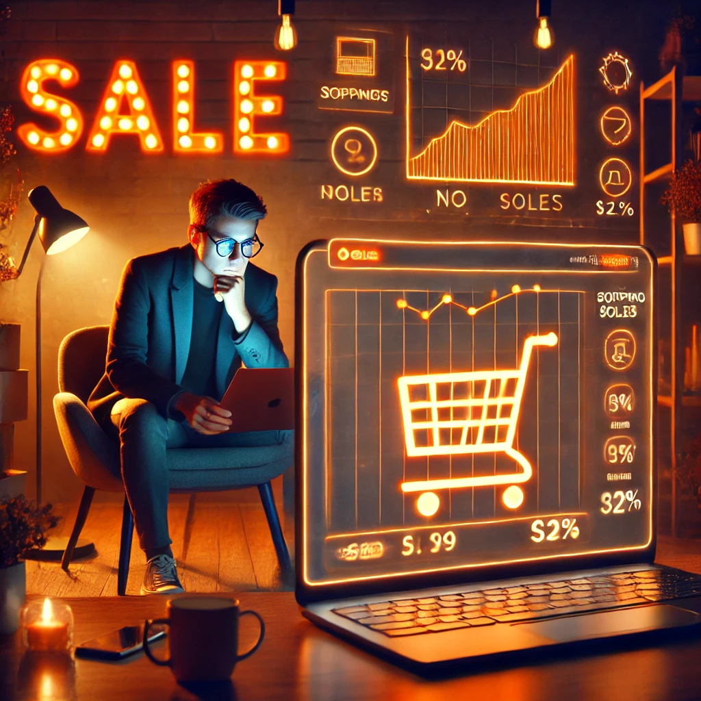 DALL·E 2025-02-26 11.58.21 – A visually engaging and artistic depiction of an online store struggling with low sales. The scene shows a modern laptop displaying an empty e-commerc