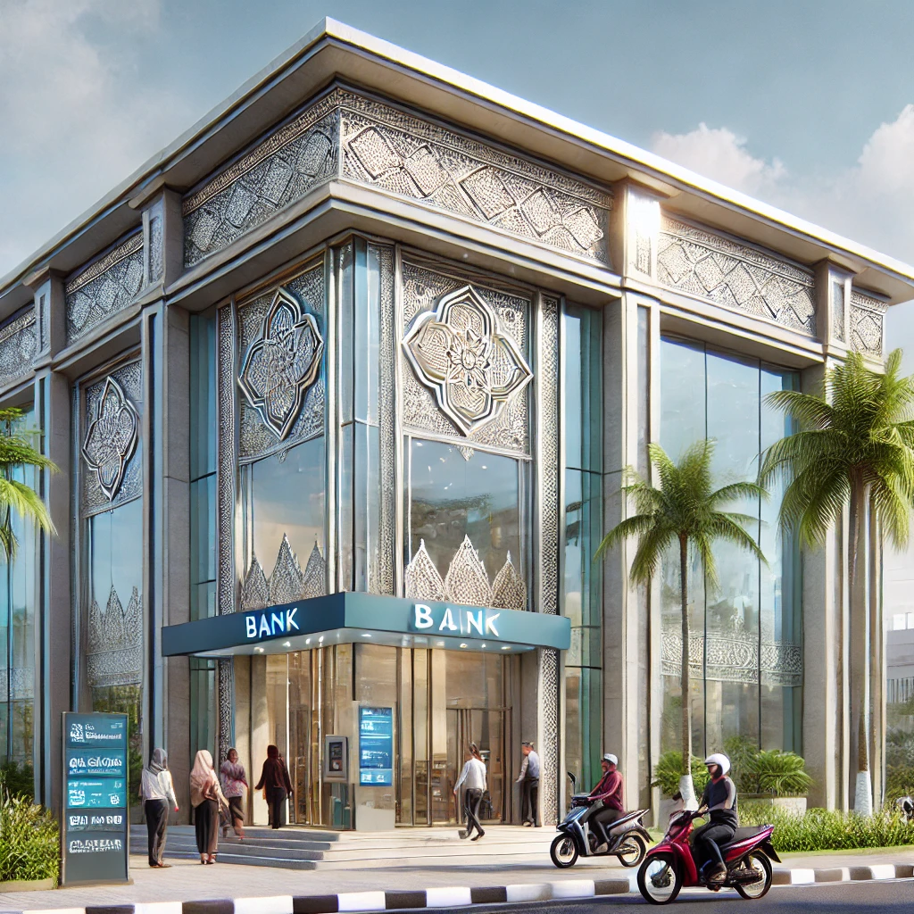 DALL·E 2025-03-01 13.44.50 – A modern bank building in Indonesia, featuring a sleek glass facade with traditional Indonesian architectural elements. The bank has a spacious entran