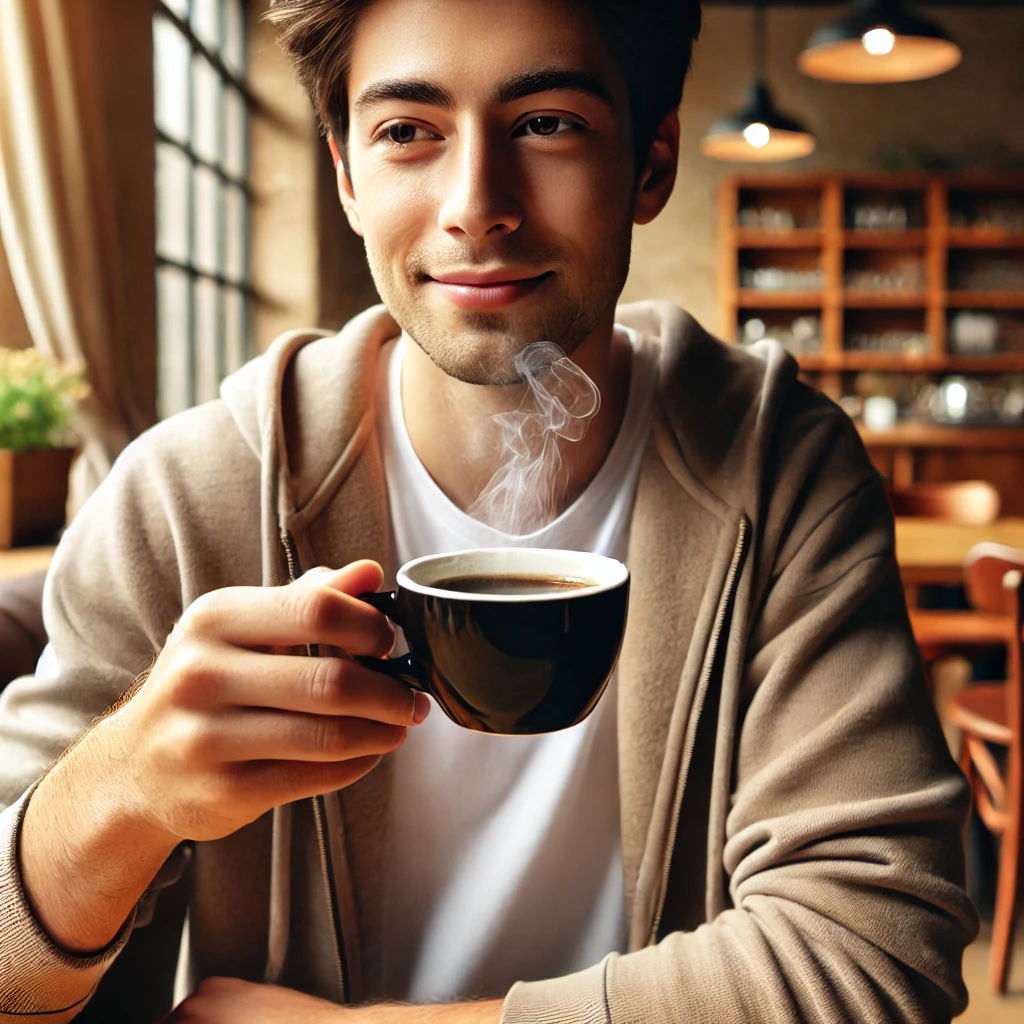 DALL·E 2025-03-16 02.31.05 – A person enjoying a cup of black coffee without sugar, sitting in a cozy café. The person has a relaxed expression, wearing casual clothing, with stea